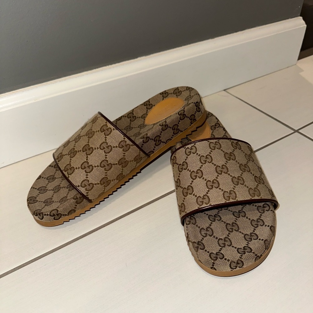 Gucci Beige Monogram Slide Sandals